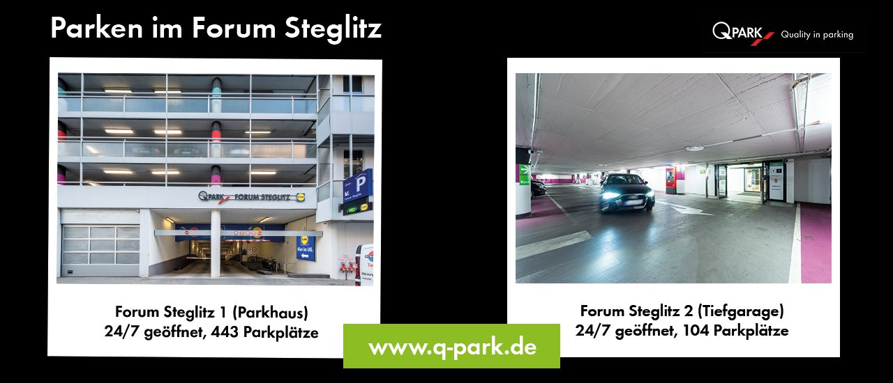Das Bild zeigt Werbung für die beiden Parkhäuser im Forum Steglitz Berlin und verlinkt auf deren Webseite.